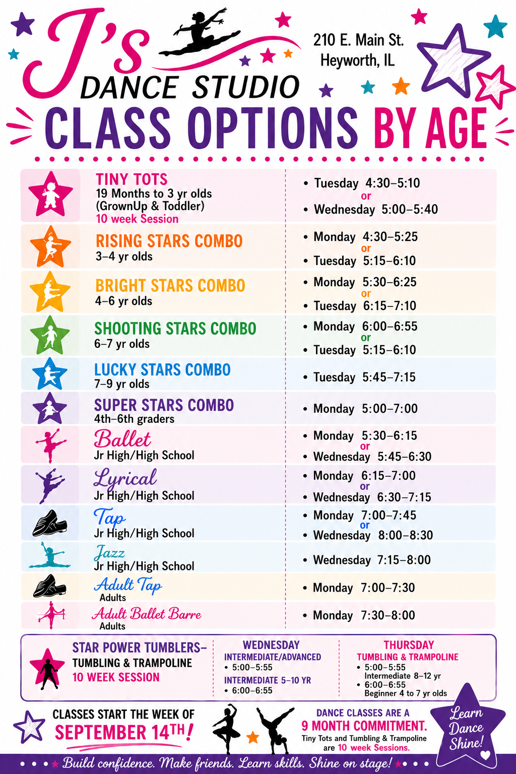J's Dance Studio Class Options by Age — full schedule flyer